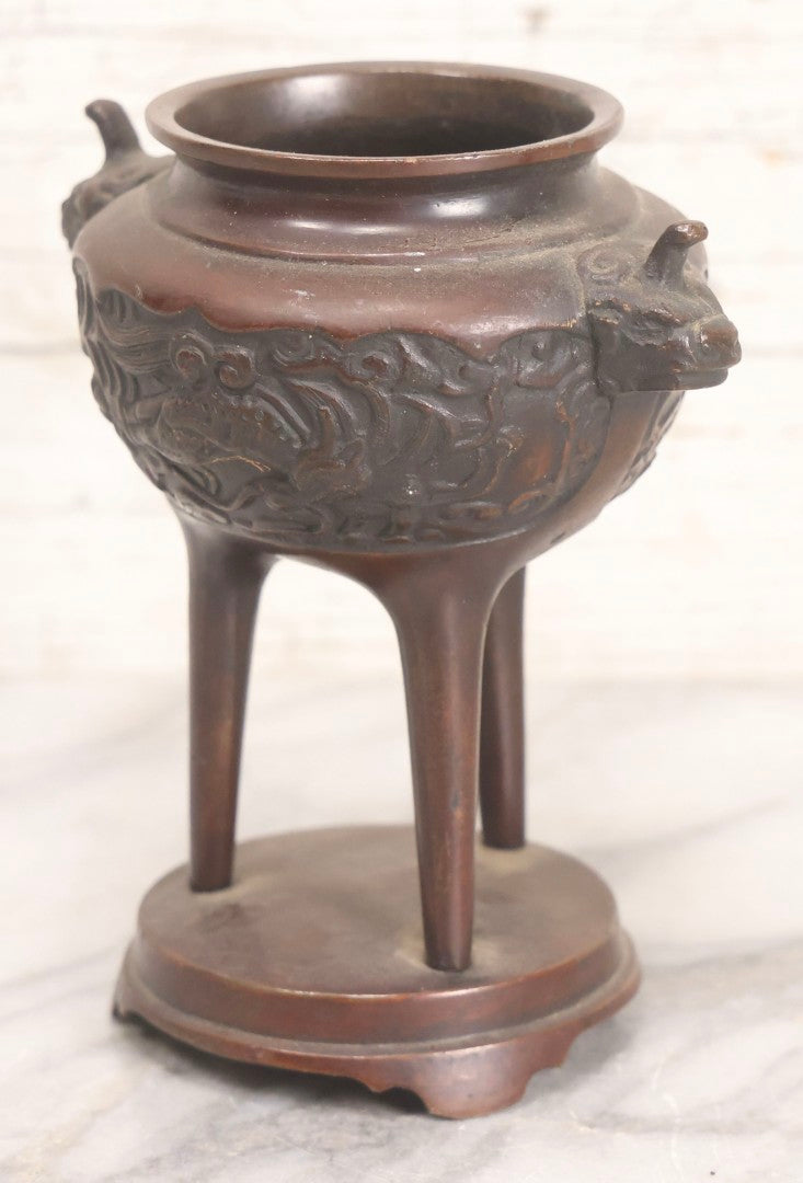 Lot 277 - Grouping Of Five Vintage Metal Vessels Including Bronze Smudge Pot, Brass Drum, Cast Iron Pan, And Ash Bucket With Scoop