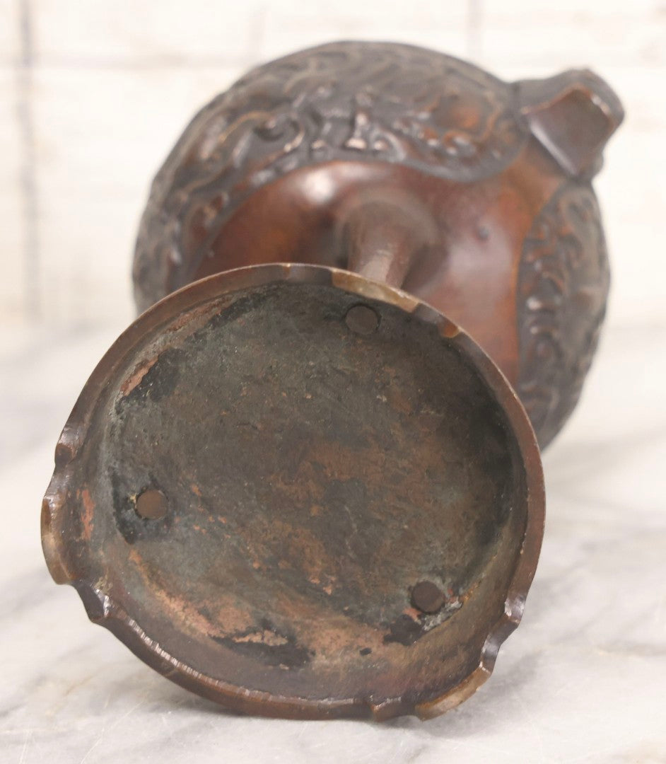Lot 277 - Grouping Of Five Vintage Metal Vessels Including Bronze Smudge Pot, Brass Drum, Cast Iron Pan, And Ash Bucket With Scoop