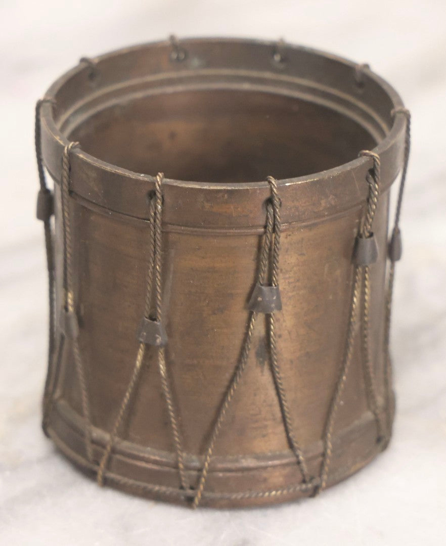 Lot 277 - Grouping Of Five Vintage Metal Vessels Including Bronze Smudge Pot, Brass Drum, Cast Iron Pan, And Ash Bucket With Scoop