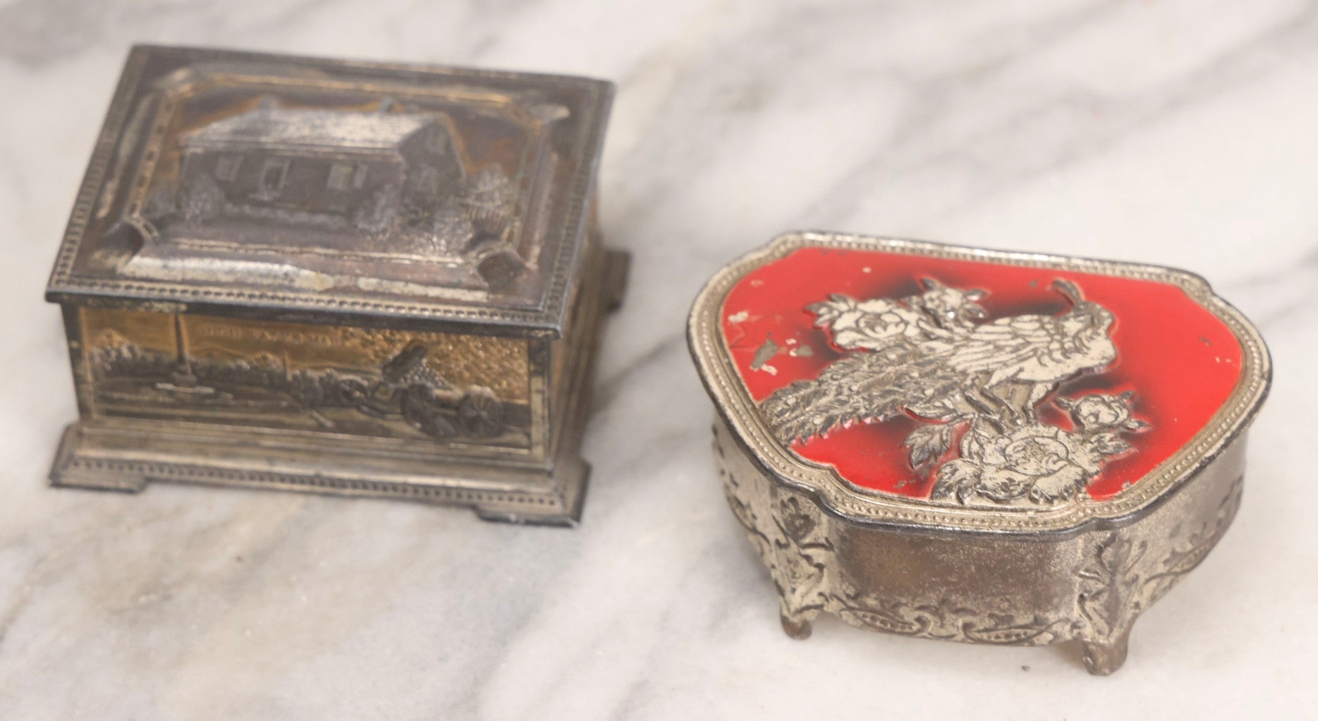 Lot 282 - Pair Of Vintage Metal Boxes Made In Japan Including Pennsylvania Landmarks Box By Bosselman & Co. And Peacock Design Box