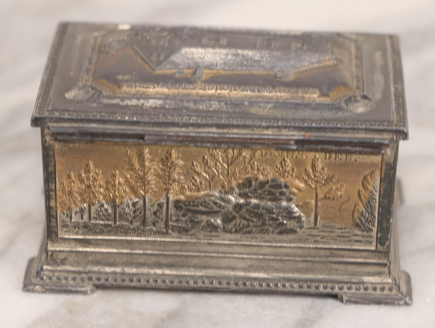 Lot 282 - Pair Of Vintage Metal Boxes Made In Japan Including Pennsylvania Landmarks Box By Bosselman & Co. And Peacock Design Box
