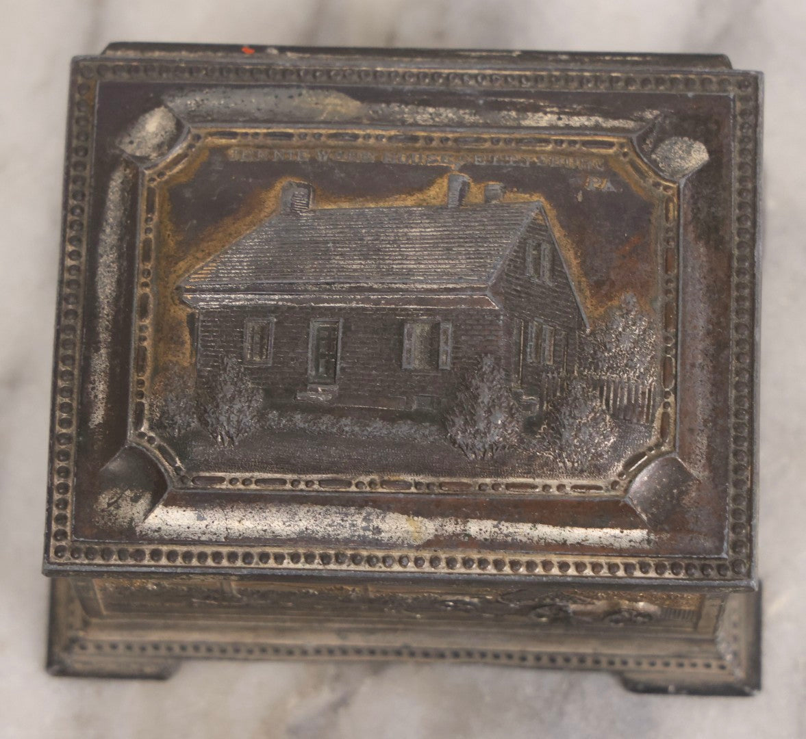 Lot 282 - Pair Of Vintage Metal Boxes Made In Japan Including Pennsylvania Landmarks Box By Bosselman & Co. And Peacock Design Box