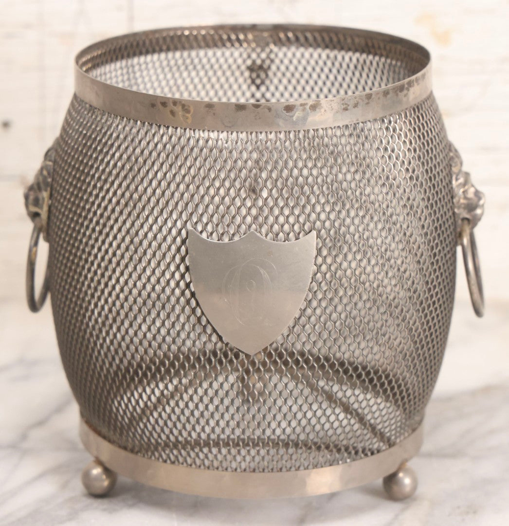 Lot 286 - Vintage English Silverplated Tea Caddy Or Biscuit Barrel Cage With Lion Head Handles And Shield Monogram, Missing Insert And Lid
