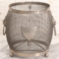 Lot 286 - Vintage English Silverplated Tea Caddy Or Biscuit Barrel Cage With Lion Head Handles And Shield Monogram, Missing Insert And Lid, 6" H