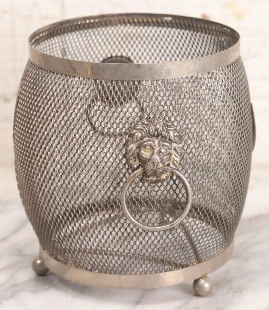 Lot 286 - Vintage English Silverplated Tea Caddy Or Biscuit Barrel Cage With Lion Head Handles And Shield Monogram, Missing Insert And Lid