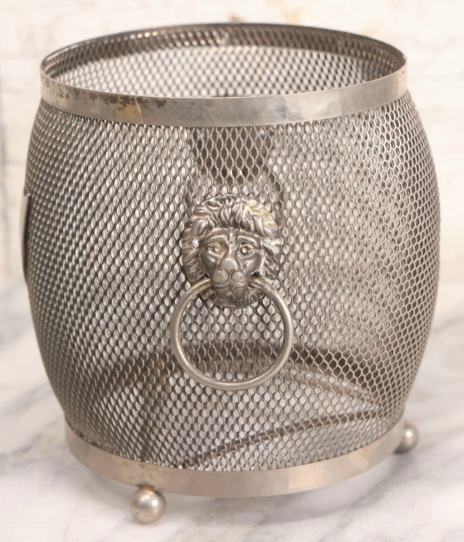 Lot 286 - Vintage English Silverplated Tea Caddy Or Biscuit Barrel Cage With Lion Head Handles And Shield Monogram, Missing Insert And Lid