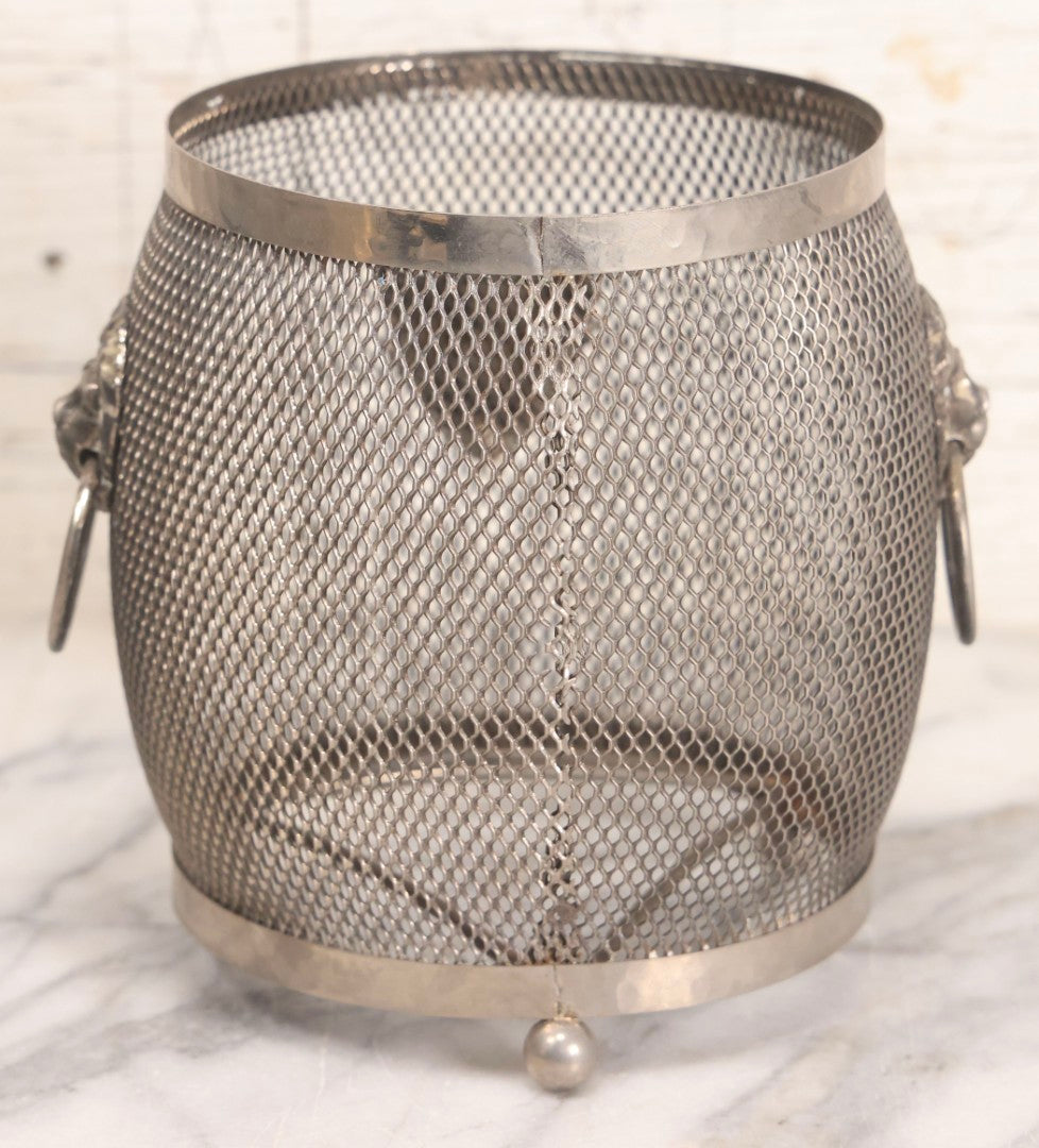 Lot 286 - Vintage English Silverplated Tea Caddy Or Biscuit Barrel Cage With Lion Head Handles And Shield Monogram, Missing Insert And Lid
