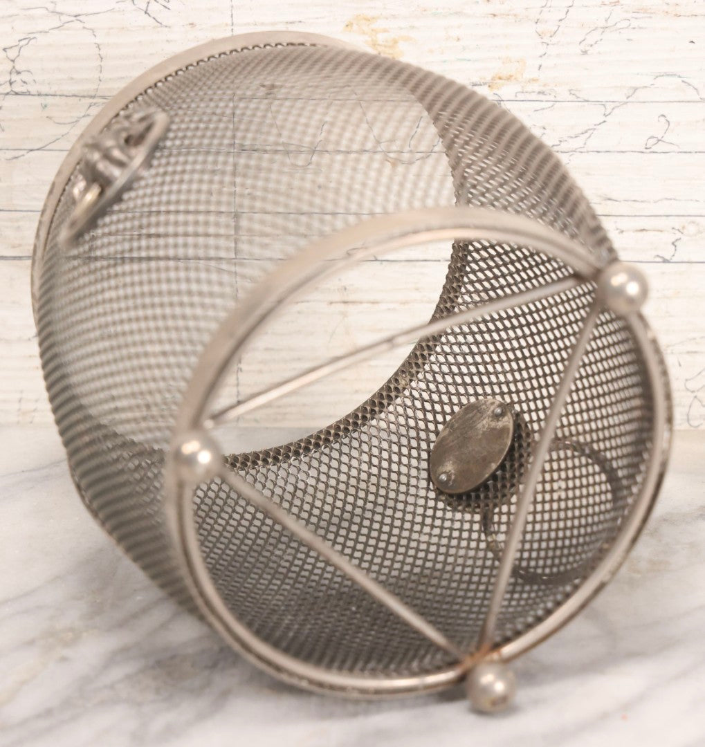 Lot 286 - Vintage English Silverplated Tea Caddy Or Biscuit Barrel Cage With Lion Head Handles And Shield Monogram, Missing Insert And Lid