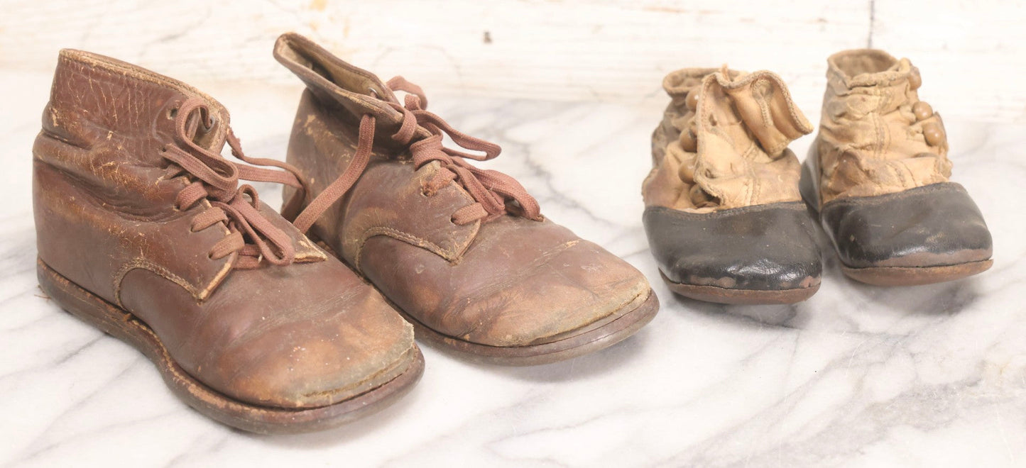 Lot 289 - Two Pairs Of Antique Leather Children's Shoes Including Brown High-Top Lace-Up Boots And Cream And Black High-Button Boots