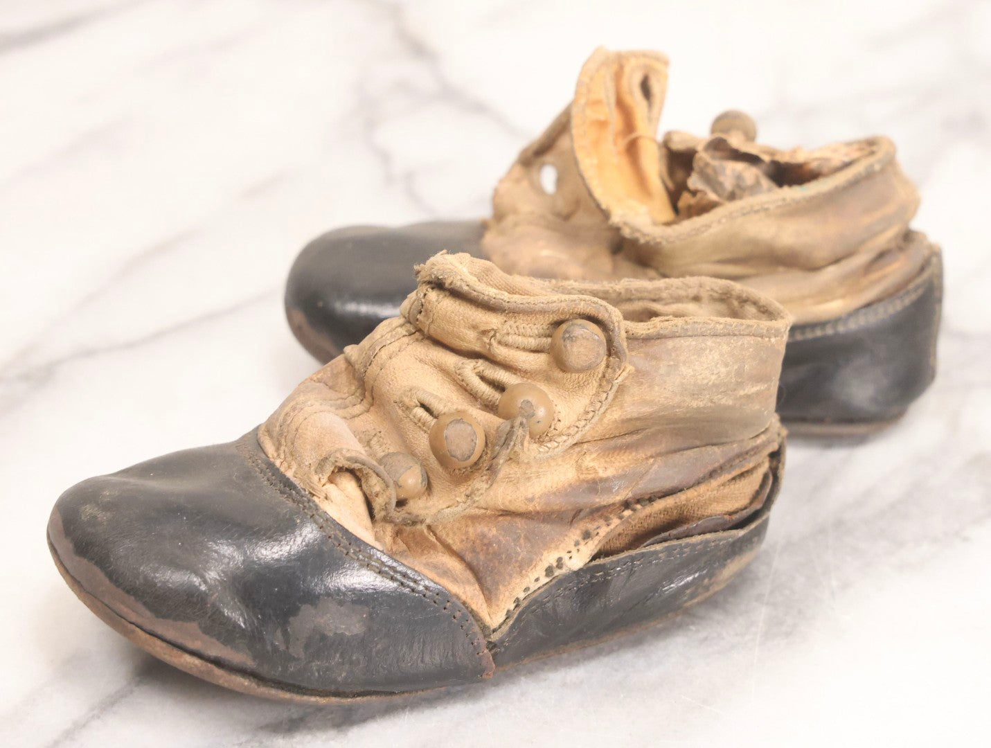 Lot 289 - Two Pairs Of Antique Leather Children's Shoes Including Brown High-Top Lace-Up Boots And Cream And Black High-Button Boots