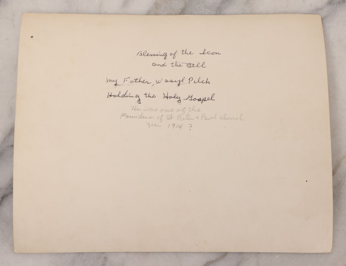 Lot 293 - Antique Unmounted Photograph Depicting Priest And Churchgoers Holding Banners Before Large Icon And Bell, Circa 1914, Handwritten Note On Verso Identifies Wasyl Pilch Holding Gospel, Founder Of St. Peter & Paul Church