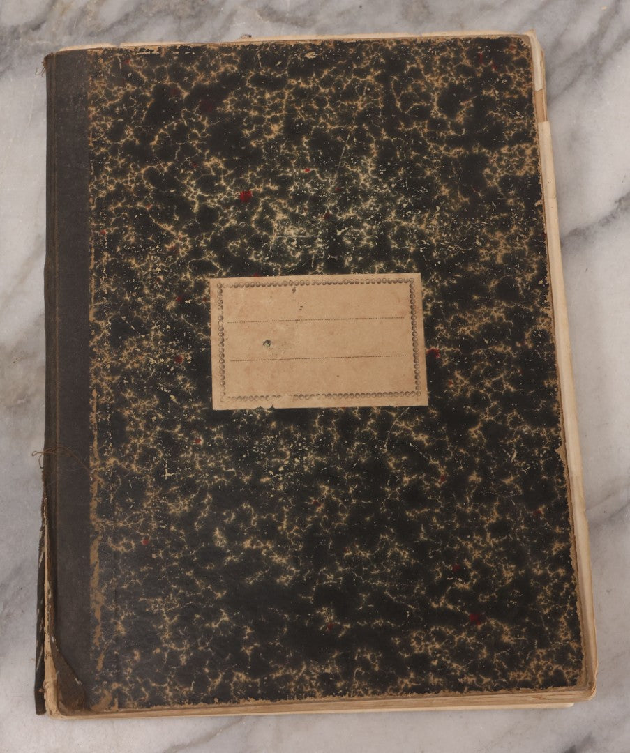 Lot 294 - Antique Scrapbook With Clipped Logos, Seals, And Institutional Names From Colleges, Hotels, Clubs, Banks, Government Offices, And More, Arranged By Color Throughout 20+ Pages, Marbled Cover Boards