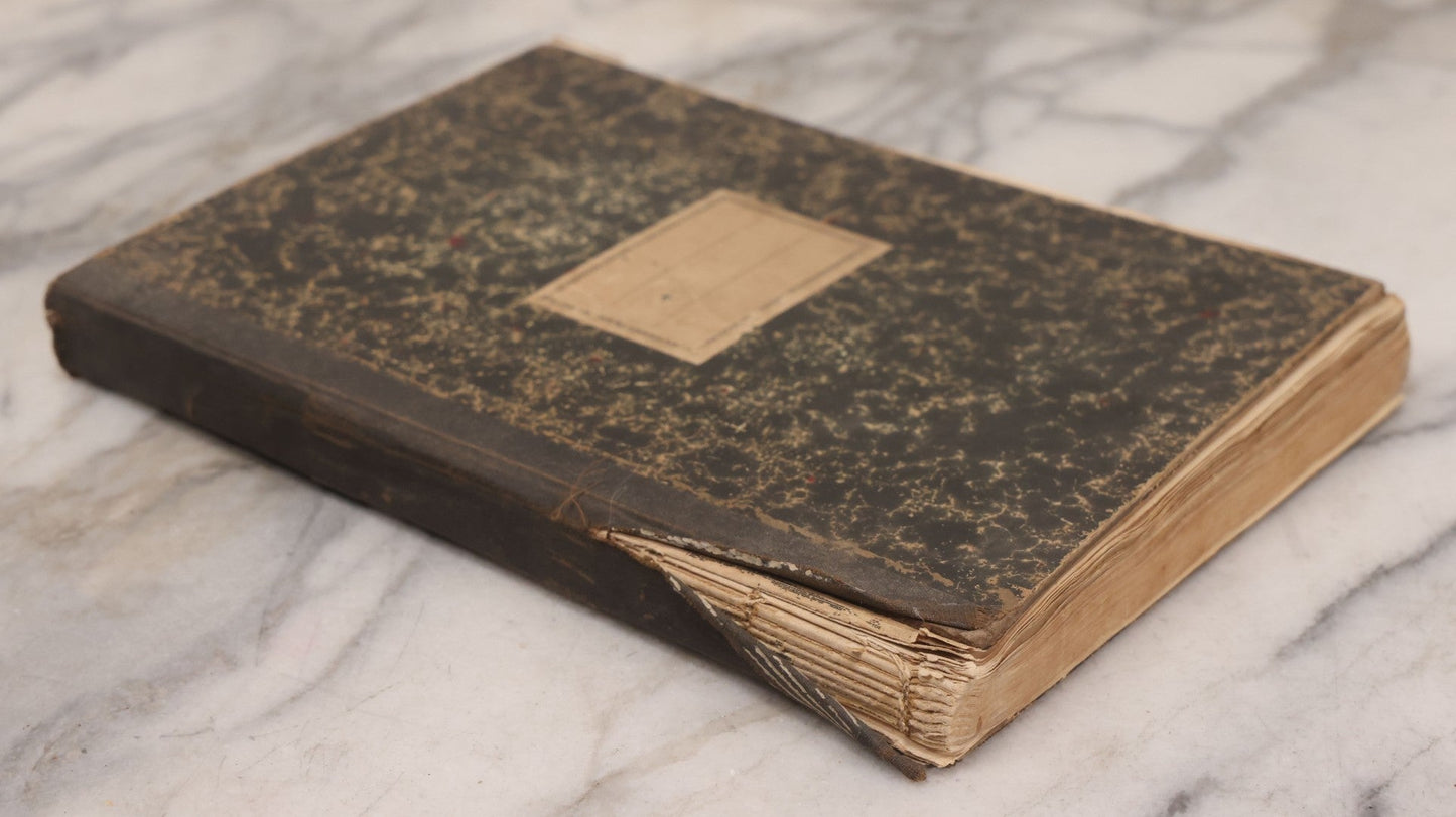 Lot 294 - Antique Scrapbook With Clipped Logos, Seals, And Institutional Names From Colleges, Hotels, Clubs, Banks, Government Offices, And More, Arranged By Color Throughout 20+ Pages, Marbled Cover Boards