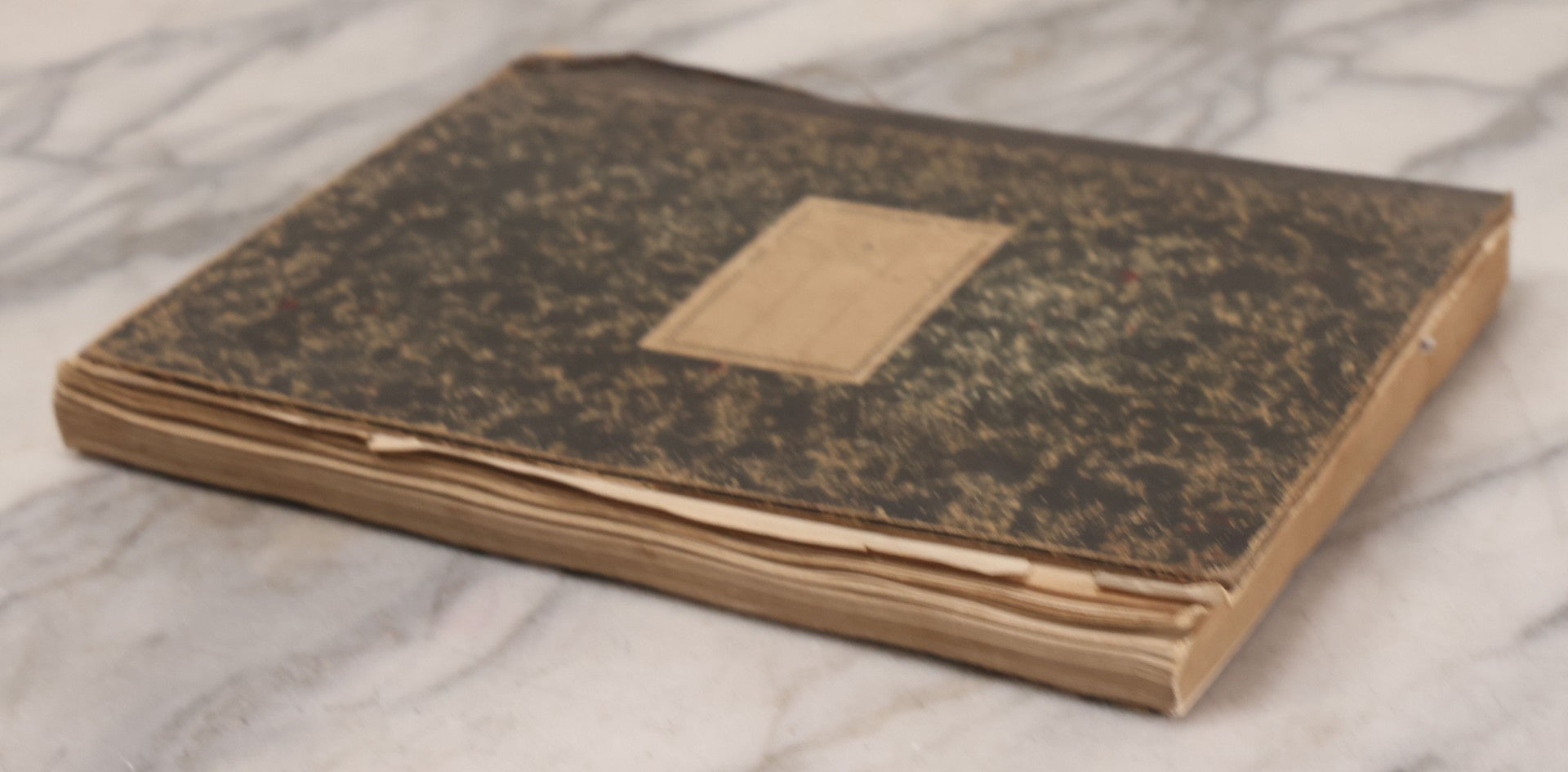 Lot 294 - Antique Scrapbook With Clipped Logos, Seals, And Institutional Names From Colleges, Hotels, Clubs, Banks, Government Offices, And More, Arranged By Color Throughout 20+ Pages, Marbled Cover Boards