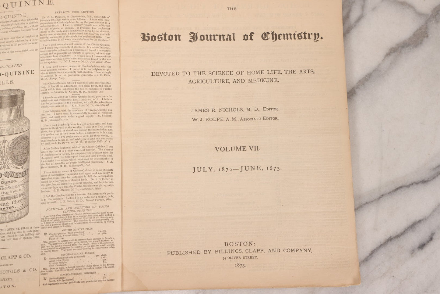 Lot 295 - Antique Bound Compendium "The Boston Journal Of Chemistry" Containing Issues From January 1873 To June 1874, Published By Billings, Clapp, And Company, Boston, Edited By James R. Nichols, M.D.