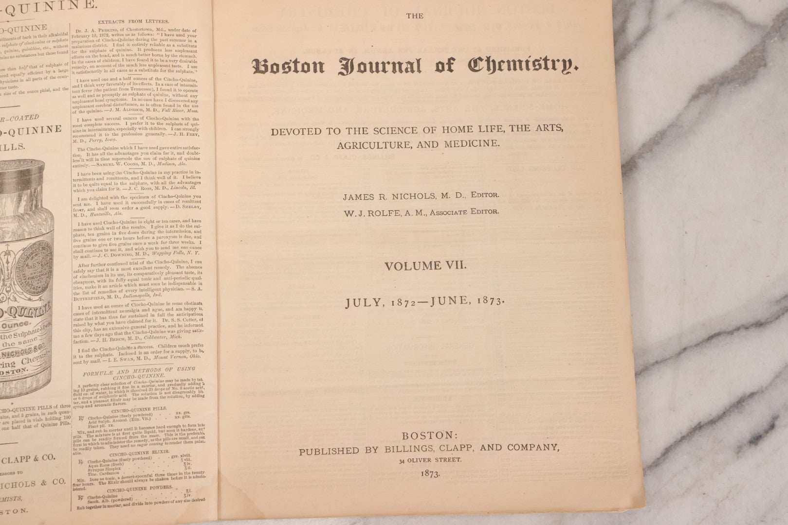 Lot 295 - Antique Bound Compendium "The Boston Journal Of Chemistry" Containing Issues From January 1873 To June 1874, Published By Billings, Clapp, And Company, Boston, Edited By James R. Nichols, M.D.