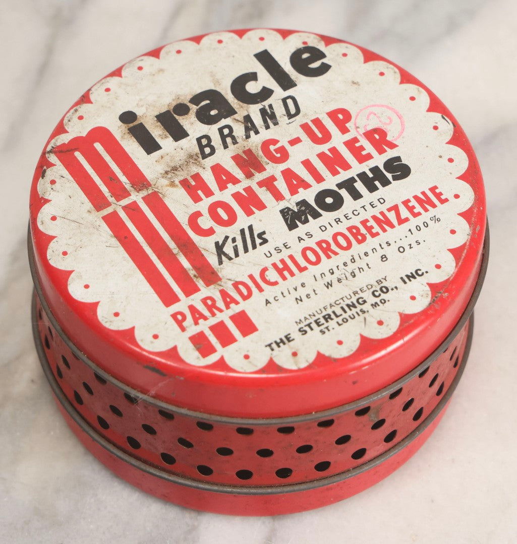 Lot 298 - Vintage Miracle Brand Moth Killer Hang-Up Container Tin, The Sterling Co., St. Louis, Missouri, Circa 1940s-1960s