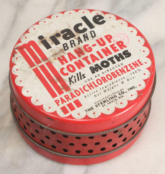 Lot 298 - Vintage Miracle Brand Moth Killer Hang-Up Container Tin, The Sterling Co., St. Louis, Missouri, Circa 1940s-1960s