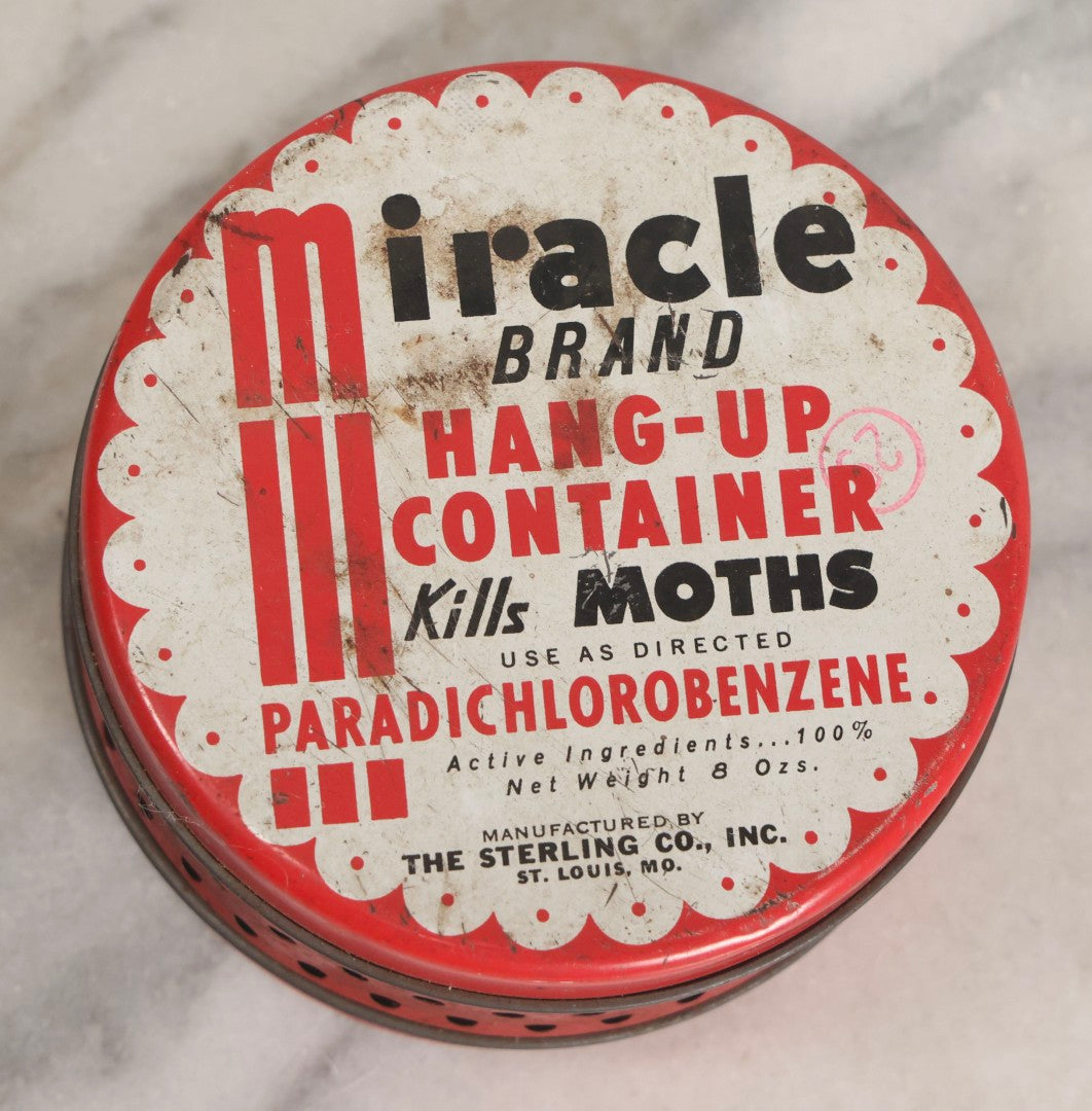 Lot 298 - Vintage Miracle Brand Moth Killer Hang-Up Container Tin, The Sterling Co., St. Louis, Missouri, Circa 1940s-1960s