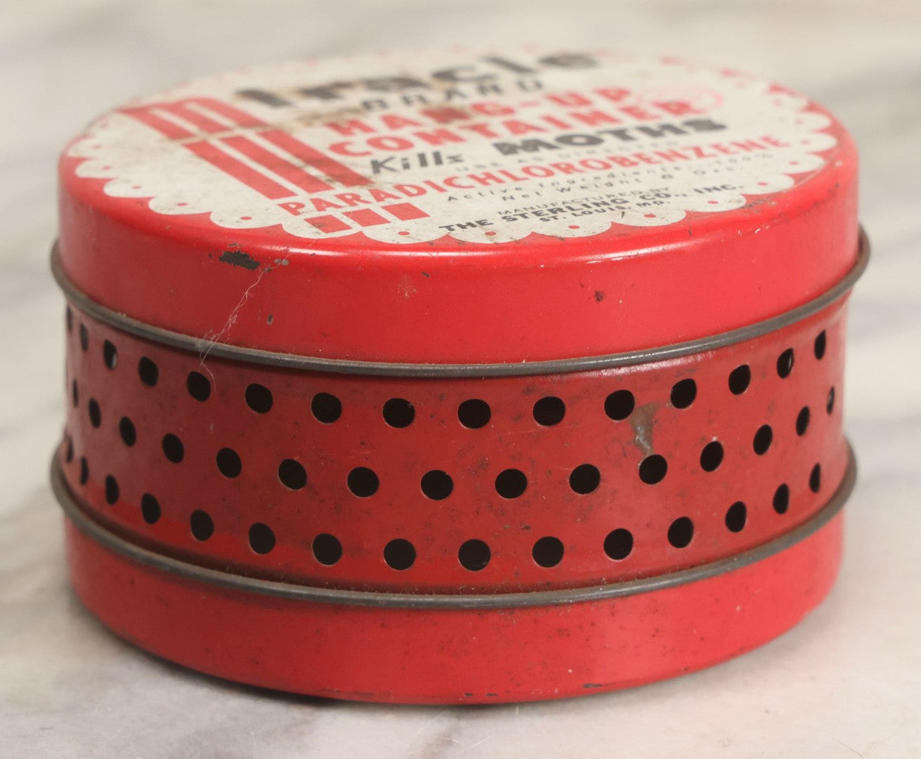 Lot 298 - Vintage Miracle Brand Moth Killer Hang-Up Container Tin, The Sterling Co., St. Louis, Missouri, Circa 1940s-1960s