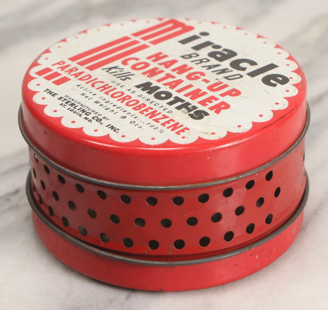 Lot 298 - Vintage Miracle Brand Moth Killer Hang-Up Container Tin, The Sterling Co., St. Louis, Missouri, Circa 1940s-1960s