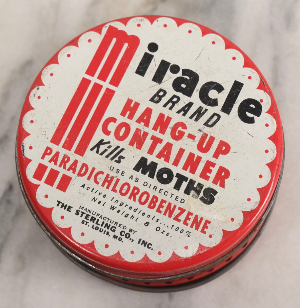 Lot 298 - Vintage Miracle Brand Moth Killer Hang-Up Container Tin, The Sterling Co., St. Louis, Missouri, Circa 1940s-1960s