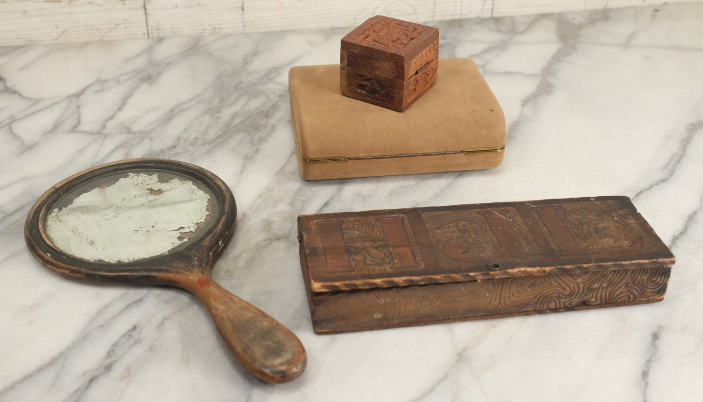 Lot 299 - Grouping Of 4 Vintage And Antique Wooden Boxes And Vanity Items Including Pyrography Box, Hand Mirror, Indian Carved Box, And Remington Rand Case