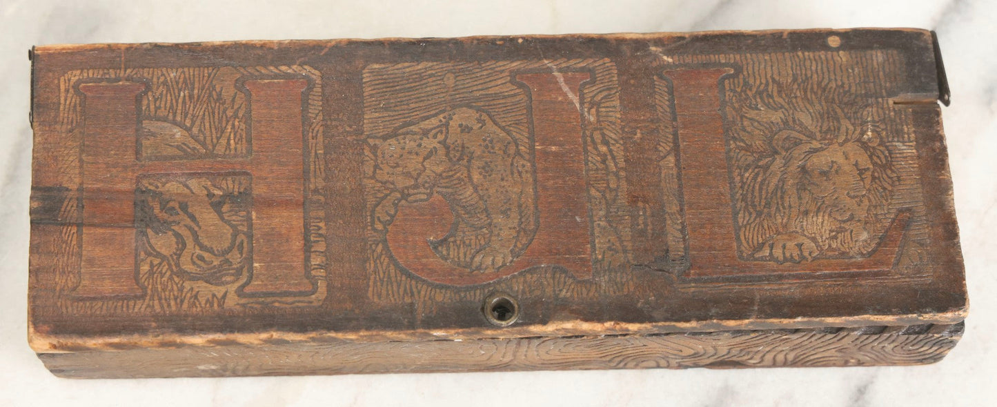 Lot 299 - Grouping Of 4 Vintage And Antique Wooden Boxes And Vanity Items Including Pyrography Box, Hand Mirror, Indian Carved Box, And Remington Rand Case