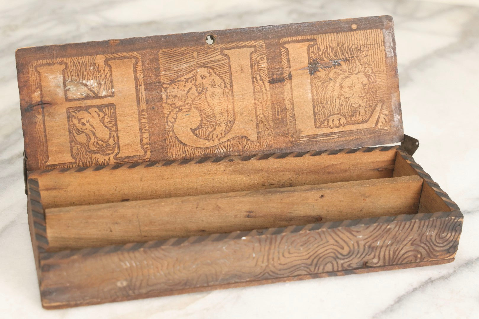 Lot 299 - Grouping Of 4 Vintage And Antique Wooden Boxes And Vanity Items Including Pyrography Box, Hand Mirror, Indian Carved Box, And Remington Rand Case
