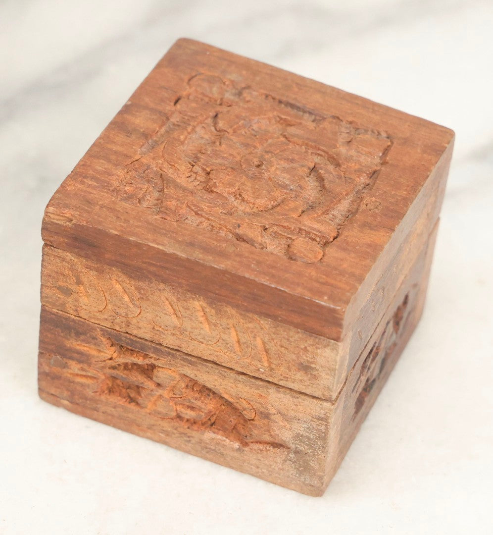 Lot 299 - Grouping Of 4 Vintage And Antique Wooden Boxes And Vanity Items Including Pyrography Box, Hand Mirror, Indian Carved Box, And Remington Rand Case