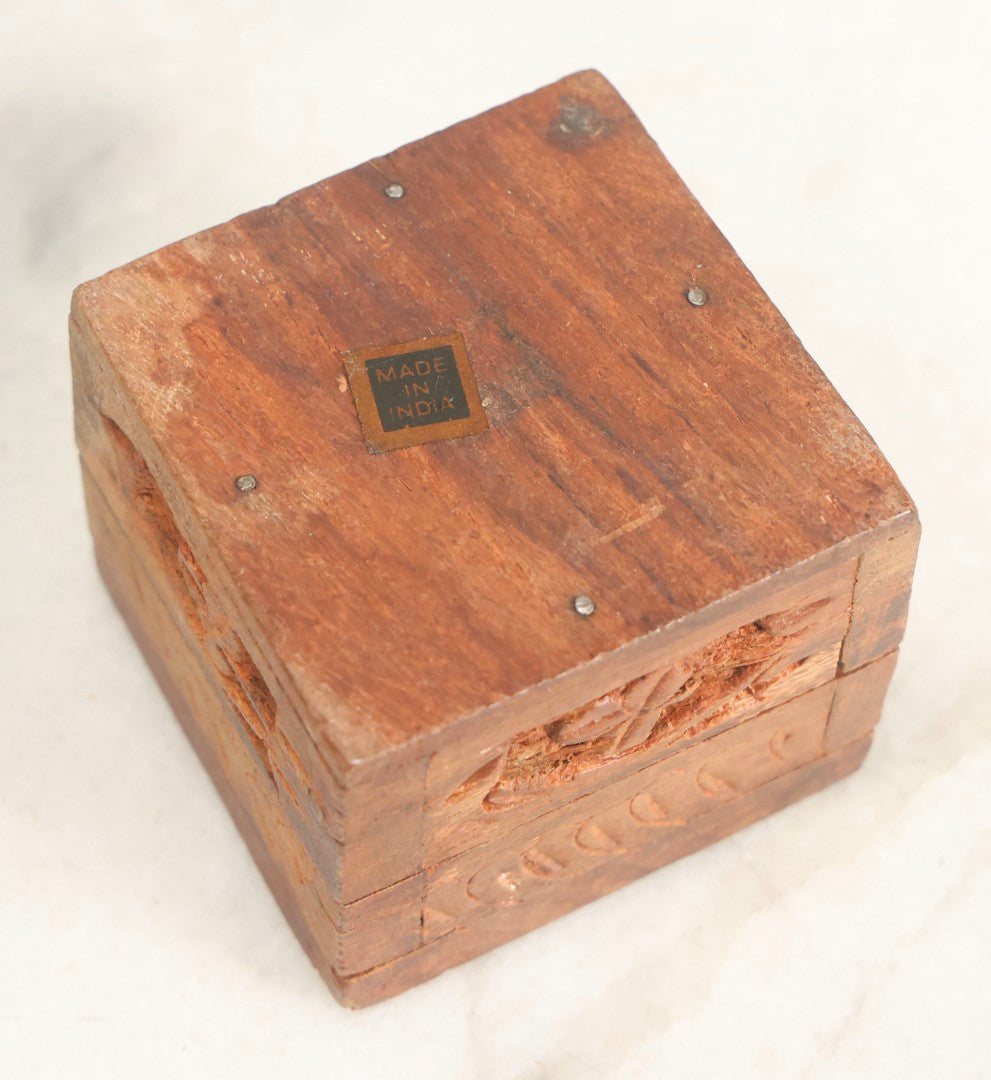 Lot 299 - Grouping Of 4 Vintage And Antique Wooden Boxes And Vanity Items Including Pyrography Box, Hand Mirror, Indian Carved Box, And Remington Rand Case