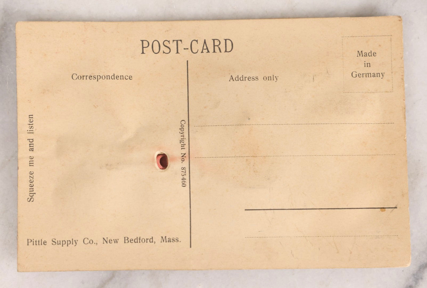 Lot 300 - Antique German Squeaker Postcard With Flocked Parrot And Glass Jewel Eye, Pittle Supply Co., New Bedford, Massachusetts, Circa 1907-1915