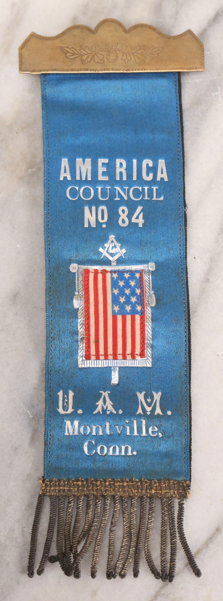 Lot 301 - Antique United American Mechanics U.A.M. Memorial Ribbon, America Council No. 84, Montville, Connecticut, With Masonic Symbols And American Flag, Circa Late 19th-Early 20th Century
