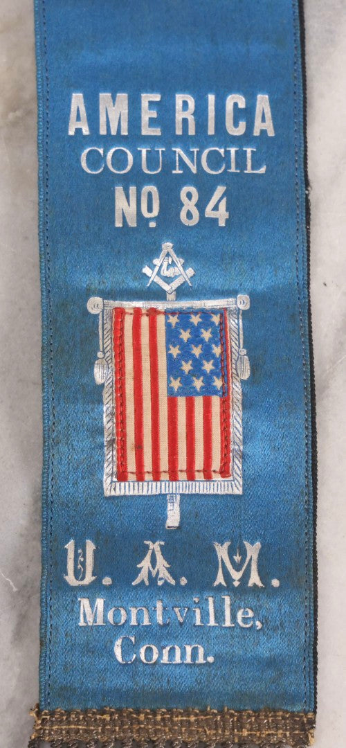 Lot 301 - Antique United American Mechanics U.A.M. Memorial Ribbon, America Council No. 84, Montville, Connecticut, With Masonic Symbols And American Flag, Circa Late 19th-Early 20th Century