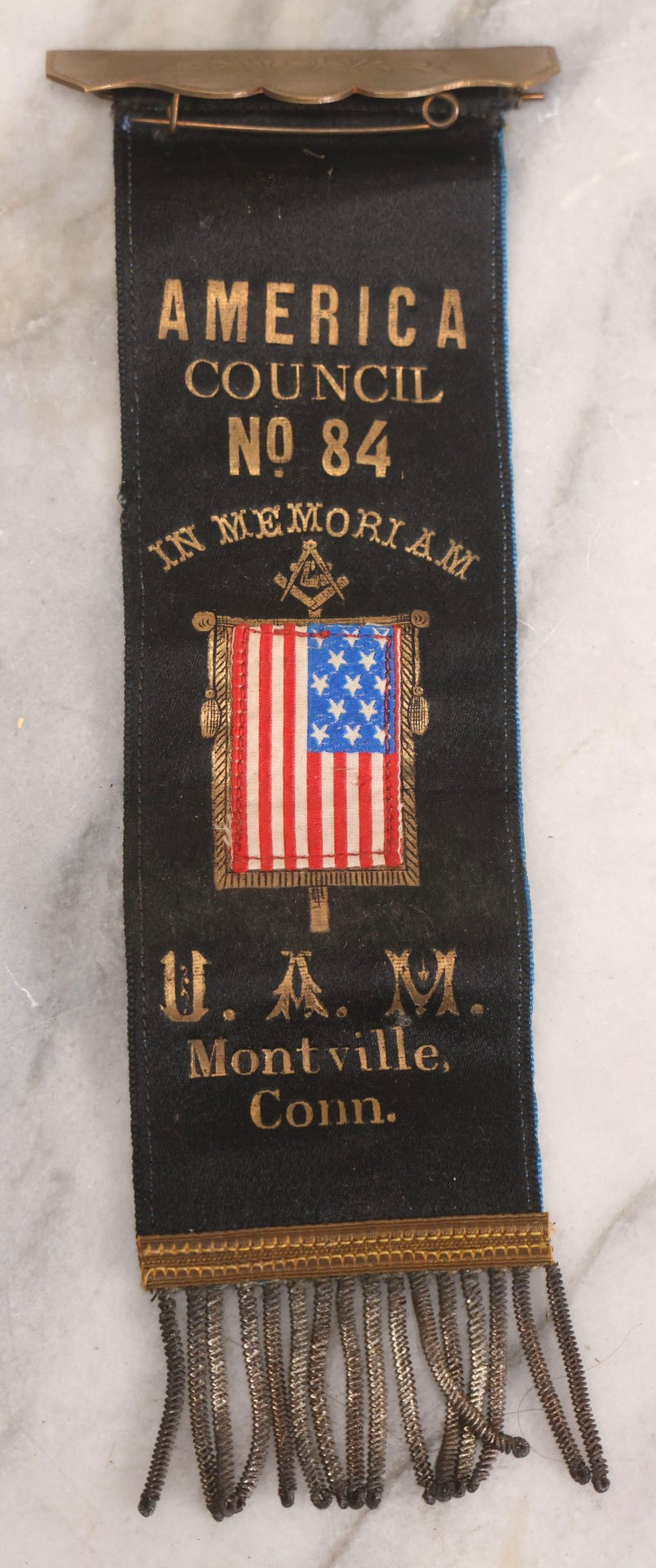 Lot 301 - Antique United American Mechanics U.A.M. Memorial Ribbon, America Council No. 84, Montville, Connecticut, With Masonic Symbols And American Flag, Circa Late 19th-Early 20th Century