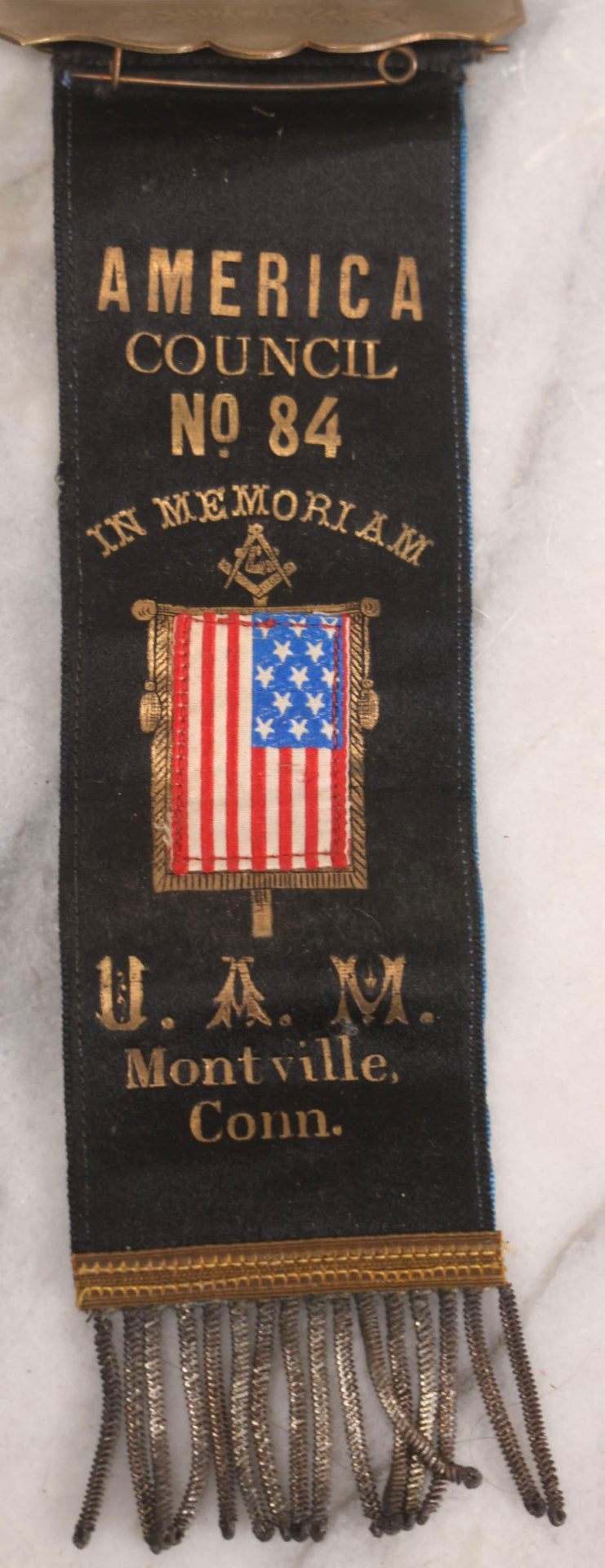 Lot 301 - Antique United American Mechanics U.A.M. Memorial Ribbon, America Council No. 84, Montville, Connecticut, With Masonic Symbols And American Flag, Circa Late 19th-Early 20th Century