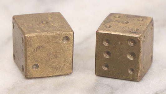 Lot 303 - Vintage Pair Of Solid Brass Gaming Dice With Hand-Finished Surfaces And Natural Patina, Circa Mid-20th Century