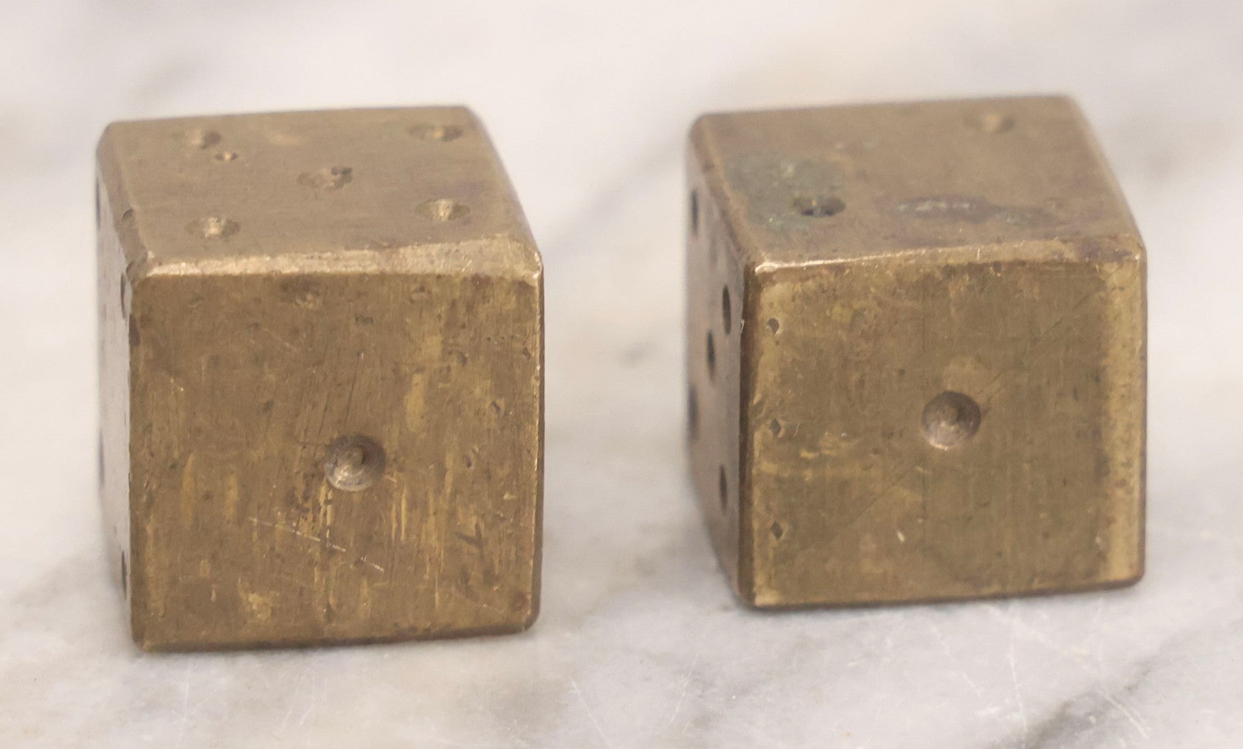Lot 303 - Vintage Pair Of Solid Brass Gaming Dice With Hand-Finished Surfaces And Natural Patina, Circa Mid-20th Century