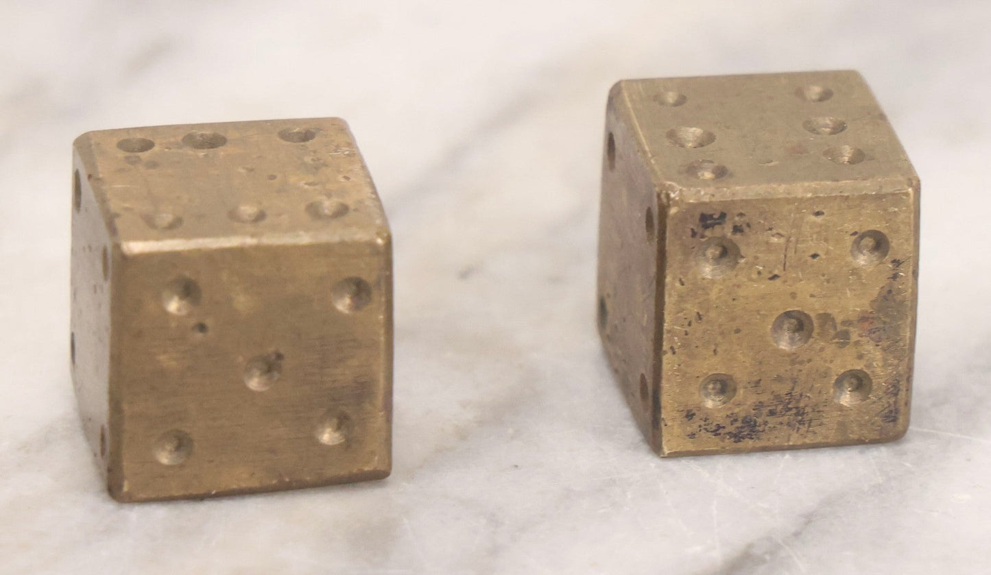 Lot 303 - Vintage Pair Of Solid Brass Gaming Dice With Hand-Finished Surfaces And Natural Patina, Circa Mid-20th Century