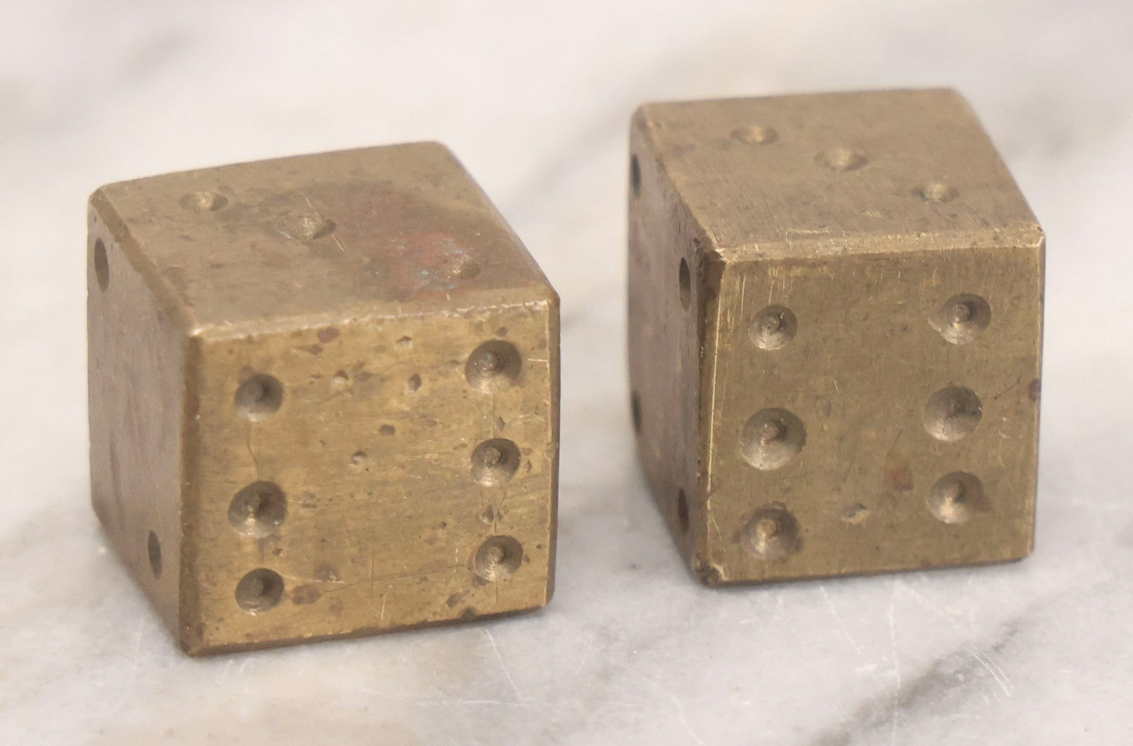 Lot 303 - Vintage Pair Of Solid Brass Gaming Dice With Hand-Finished Surfaces And Natural Patina, Circa Mid-20th Century