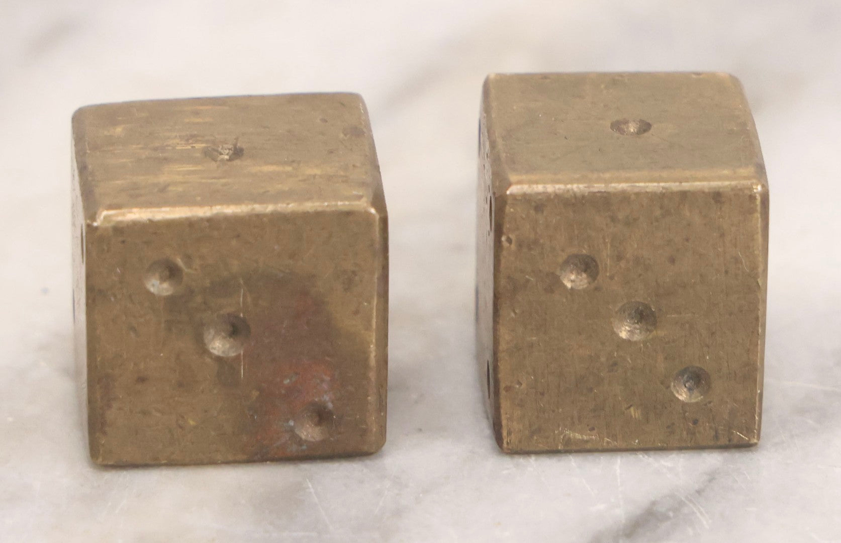 Lot 303 - Vintage Pair Of Solid Brass Gaming Dice With Hand-Finished Surfaces And Natural Patina, Circa Mid-20th Century