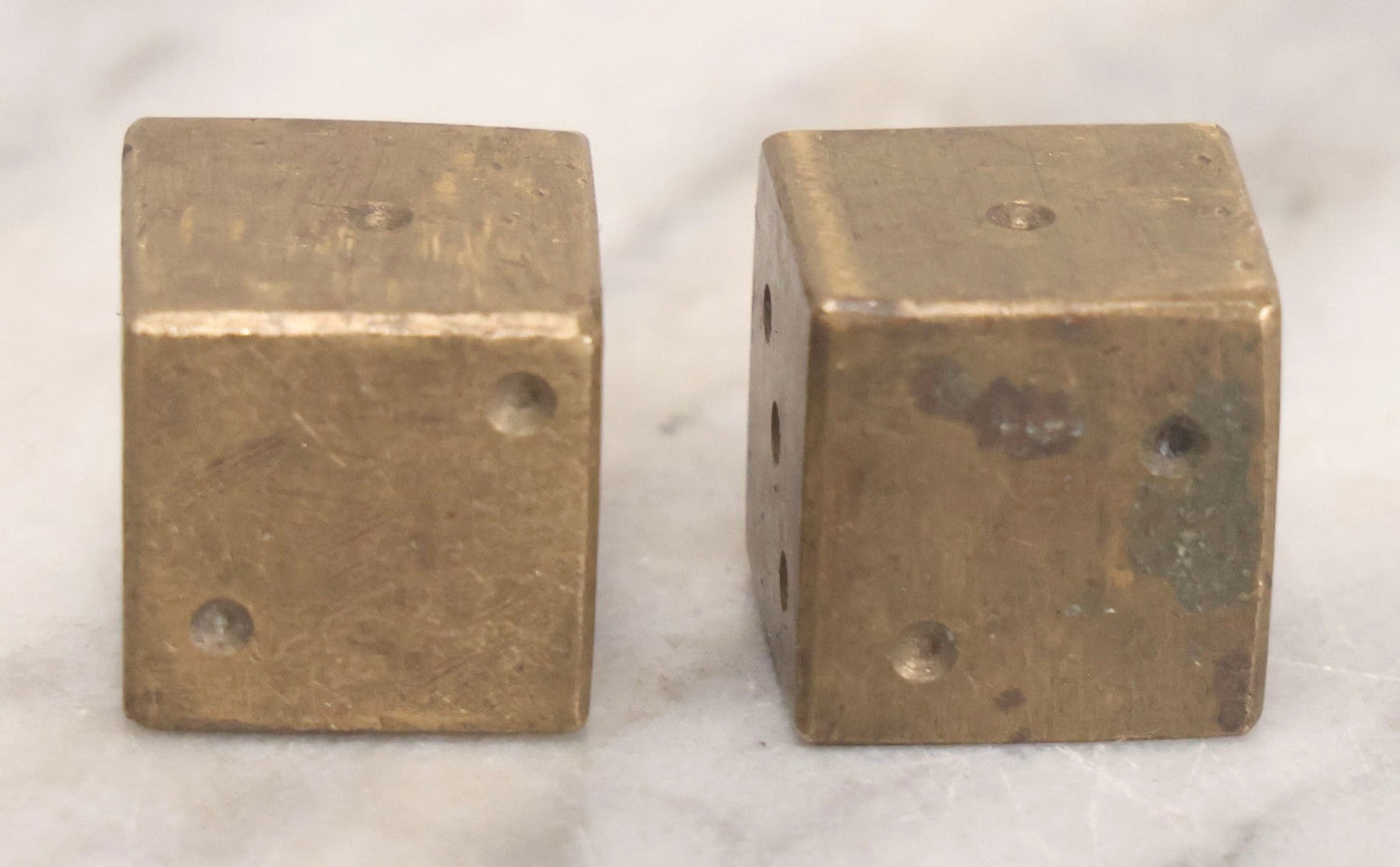 Lot 303 - Vintage Pair Of Solid Brass Gaming Dice With Hand-Finished Surfaces And Natural Patina, Circa Mid-20th Century