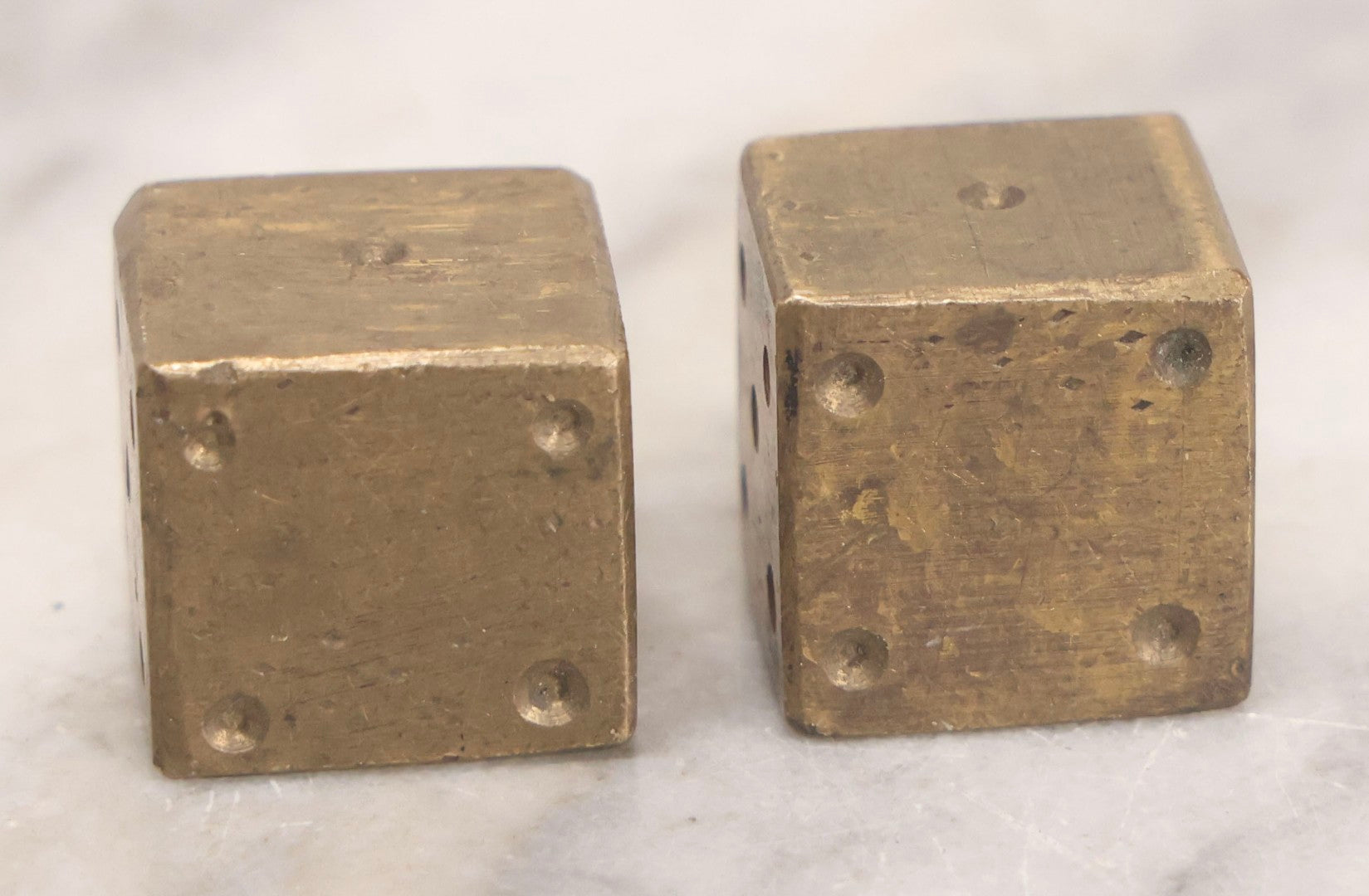 Lot 303 - Vintage Pair Of Solid Brass Gaming Dice With Hand-Finished Surfaces And Natural Patina, Circa Mid-20th Century