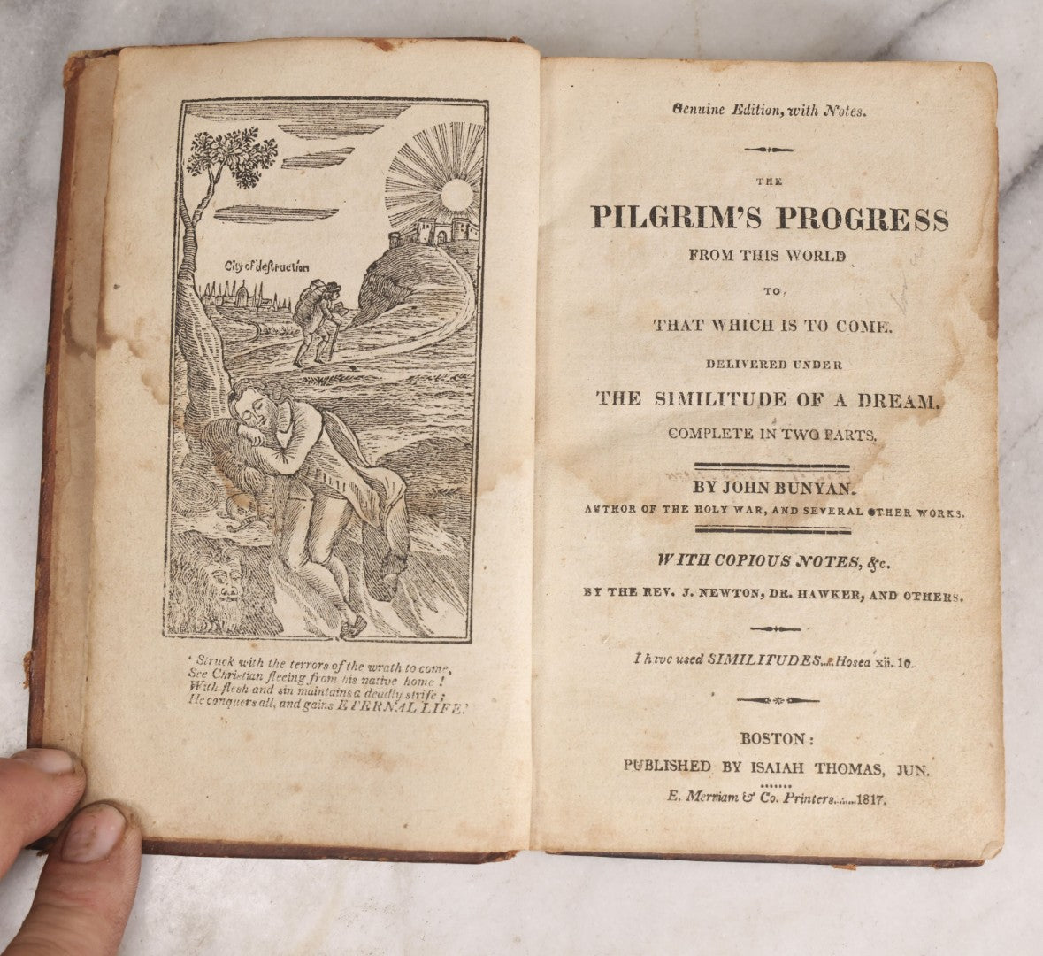 Lot 307 - "The Pilgrim's Progress From This World To, That Which Is To Come" Antique Illustrated Christian Allegory Book By John Bunyan, Published By Isaiah Thomas, Junior, Boston, Printed By E. Merriam & Co., 1817