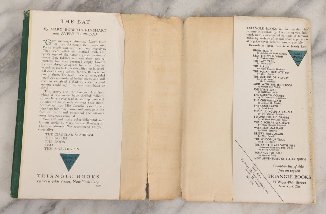 Lot 312 - "The Bat" Vintage Mystery Novel From The Play By Mary Roberts Rinehart And Avery Hopwood, Published By Triangle Books, New York, 1942, With Original Dust Jacket