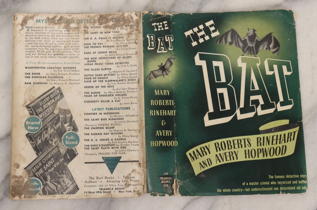 Lot 312 - "The Bat" Vintage Mystery Novel From The Play By Mary Roberts Rinehart And Avery Hopwood, Published By Triangle Books, New York, 1942, With Original Dust Jacket