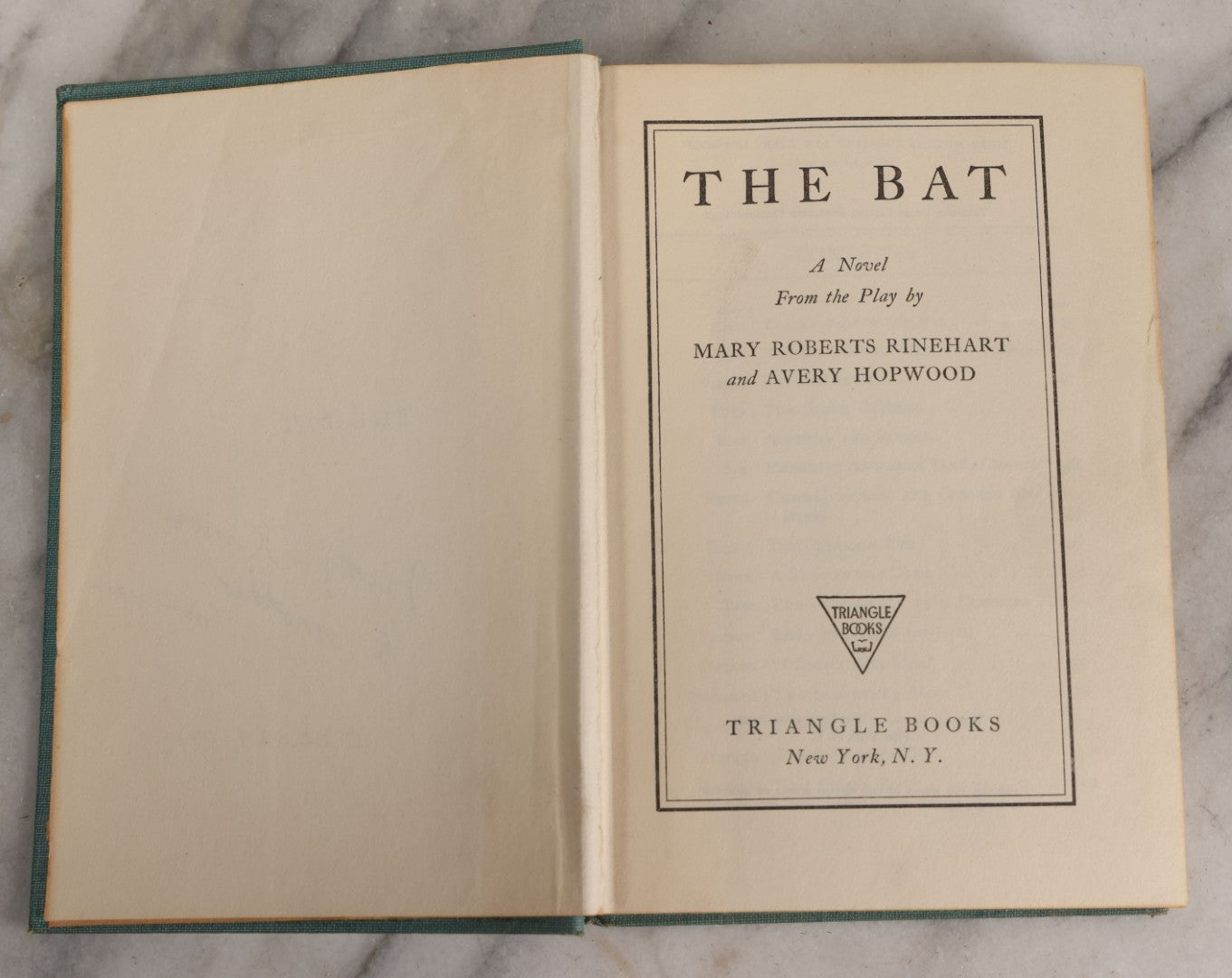 Lot 312 - "The Bat" Vintage Mystery Novel From The Play By Mary Roberts Rinehart And Avery Hopwood, Published By Triangle Books, New York, 1942, With Original Dust Jacket