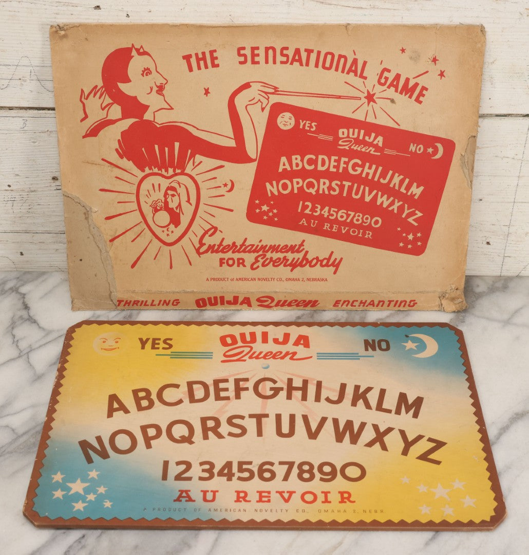 Lot 001 - Vintage Ouija Queen "The Mysterious Talking Board" With Partial Box With Devil Graphics, American Novelty Co., Omaha, Nebraska