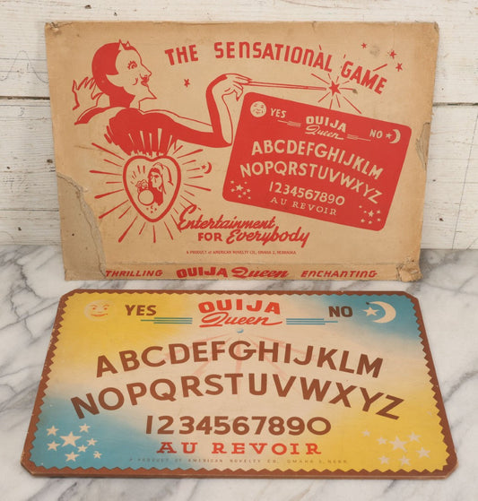 Lot 001 - Vintage Ouija Queen "The Mysterious Talking Board" With Partial Box With Devil Graphics, American Novelty Co., Omaha, Nebraska