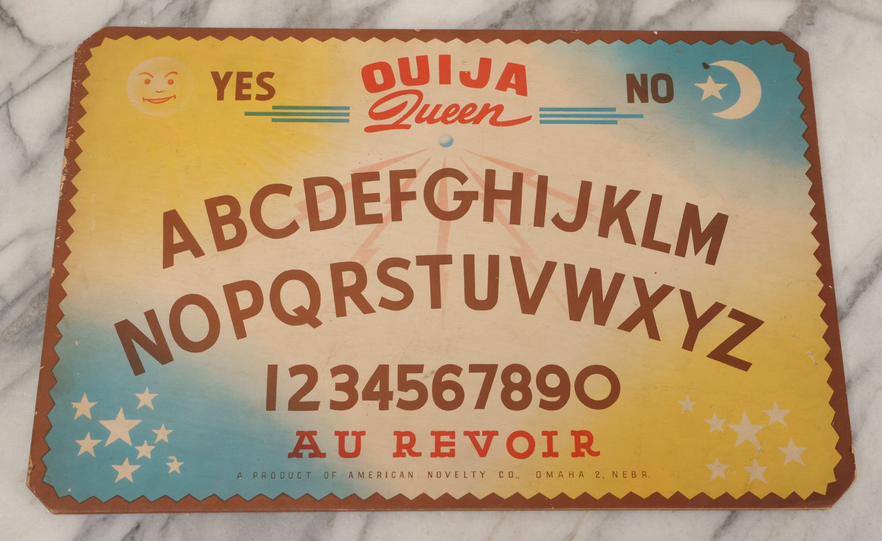 Lot 001 - Vintage Ouija Queen "The Mysterious Talking Board" With Partial Box With Devil Graphics, American Novelty Co., Omaha, Nebraska